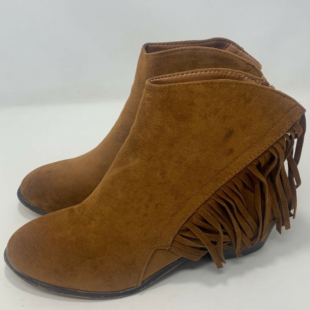 Brown Side Zipper Fringe Ankle Booties